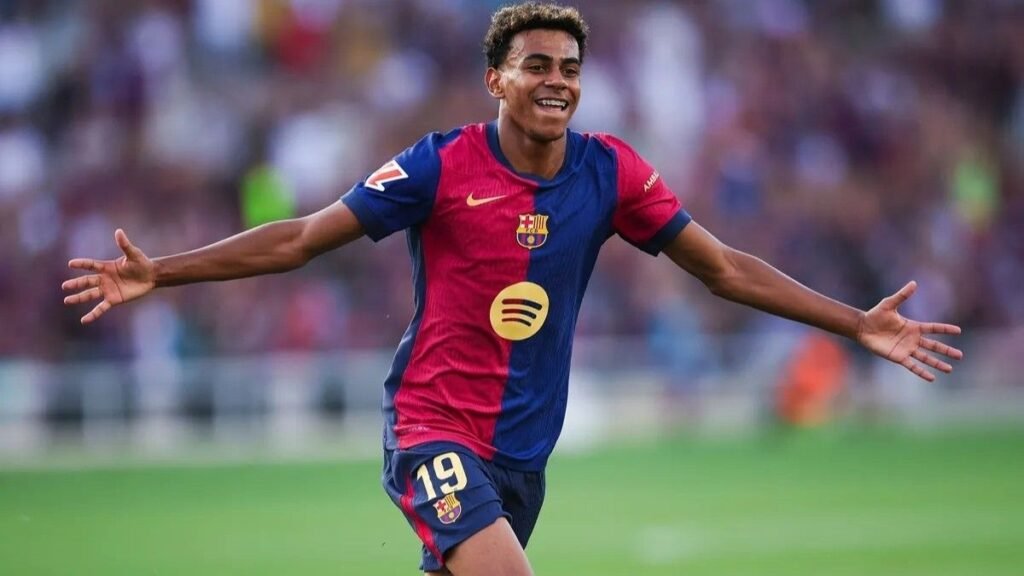 Lamine Yamal celebrating a goal for Barcelona during the 2024-25 season