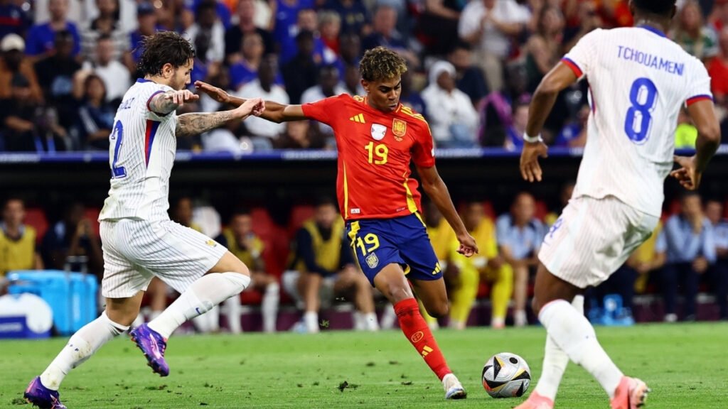 Spain’s Lamine Yamal in action during an international match